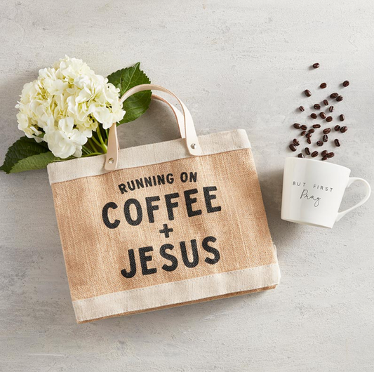  Mini market tote | Farmers market tote | Christian apparel | Christian bags and totes | Inspirational tote| Waterproof lining bag | Faith gifts | Grocery bag | grocery bag carrier | Running on Coffee & Jesus | Coffee lover | 
