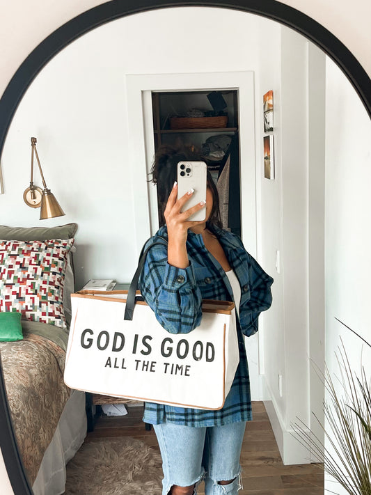 clothing bag for travel | large tote bags | grocery bag tote | christian bags and totes | inspirational totes | Christian fashion | God is good all the time 