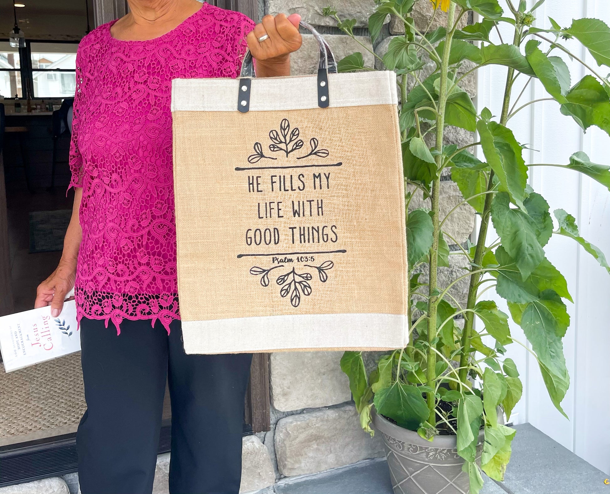 clothing bag for travel | large tote bags | grocery bag tote | christian bags and totes | inspirational totes | Christian fashion | Believe tote bag | Faith gifts | Christian gifts | Holiday fashion | Market tote bag | Farmers market tote | He fills my life with good things